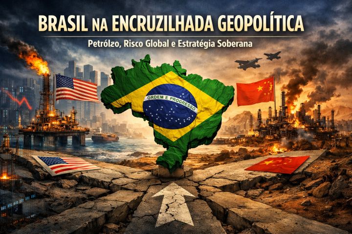 O BRASIL NA ENCRUZILHADA GEOPOLÍTICA: PETRÓLEO, RISCO GLOBAL E A URGÊNCIA DE UMA ESTRATÉGIA SOBERANA Mapa do Brasil com as cores da bandeira sobre um cruzamento rachado, cercado por plataformas de petróleo, bandeiras dos Estados Unidos e da China, e um cenário de tensão geopolítica com fumaça e fogo ao fundo.